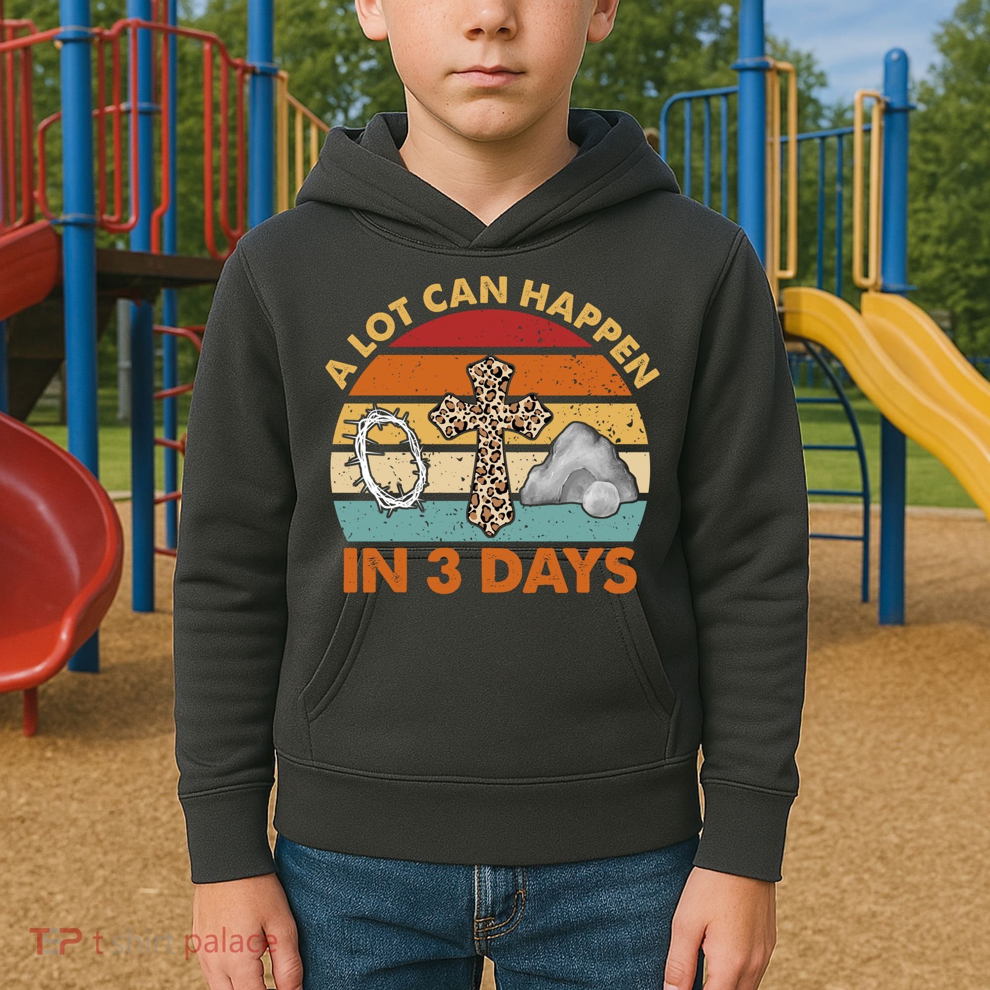 A Lot Can Happen In 3 Days Easter Retro Sunset Kids Hoodie