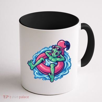 Alien On Flamingo Floaty Funny Coffee Mug back
