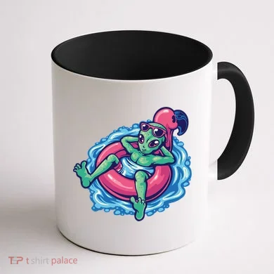 Alien On Flamingo Floaty Funny Coffee Mug back