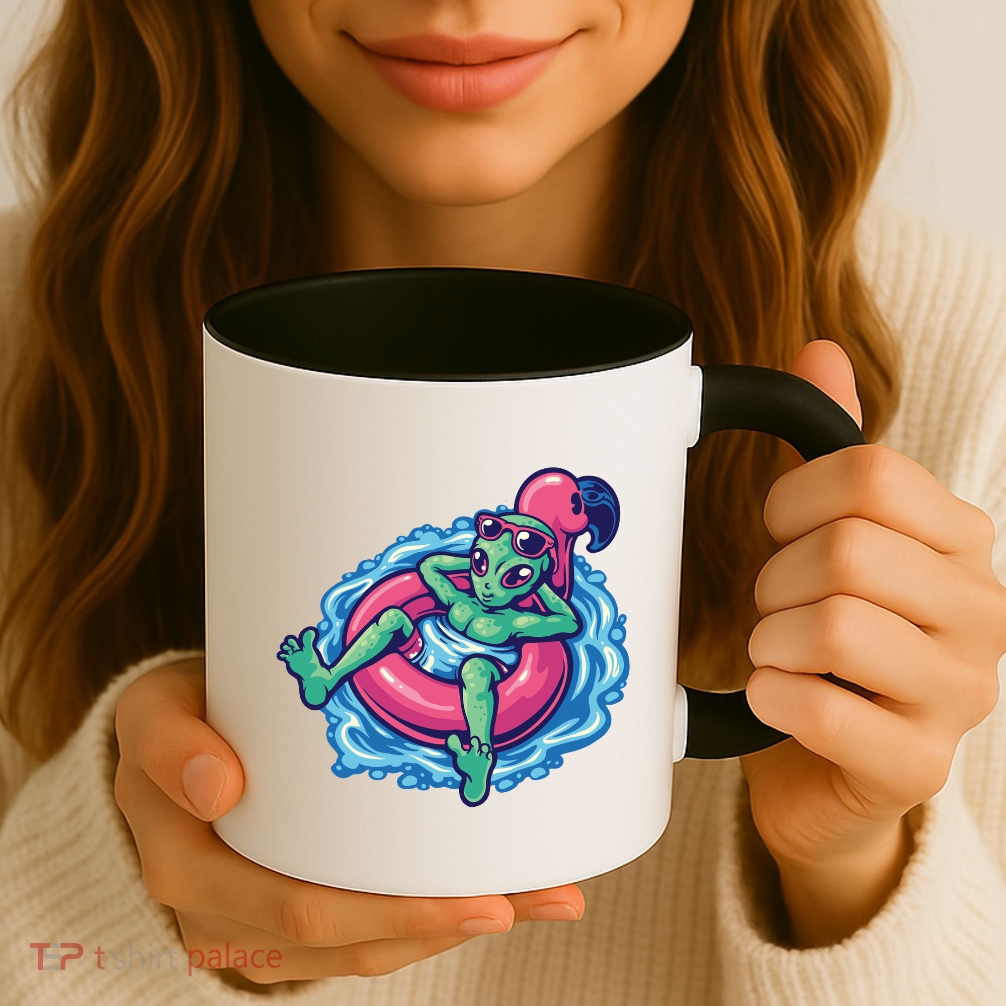Alien On Flamingo Floaty Funny Coffee Mug
