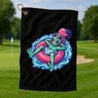 Alien On Flamingo Floaty Funny Golf Towel thumb 1