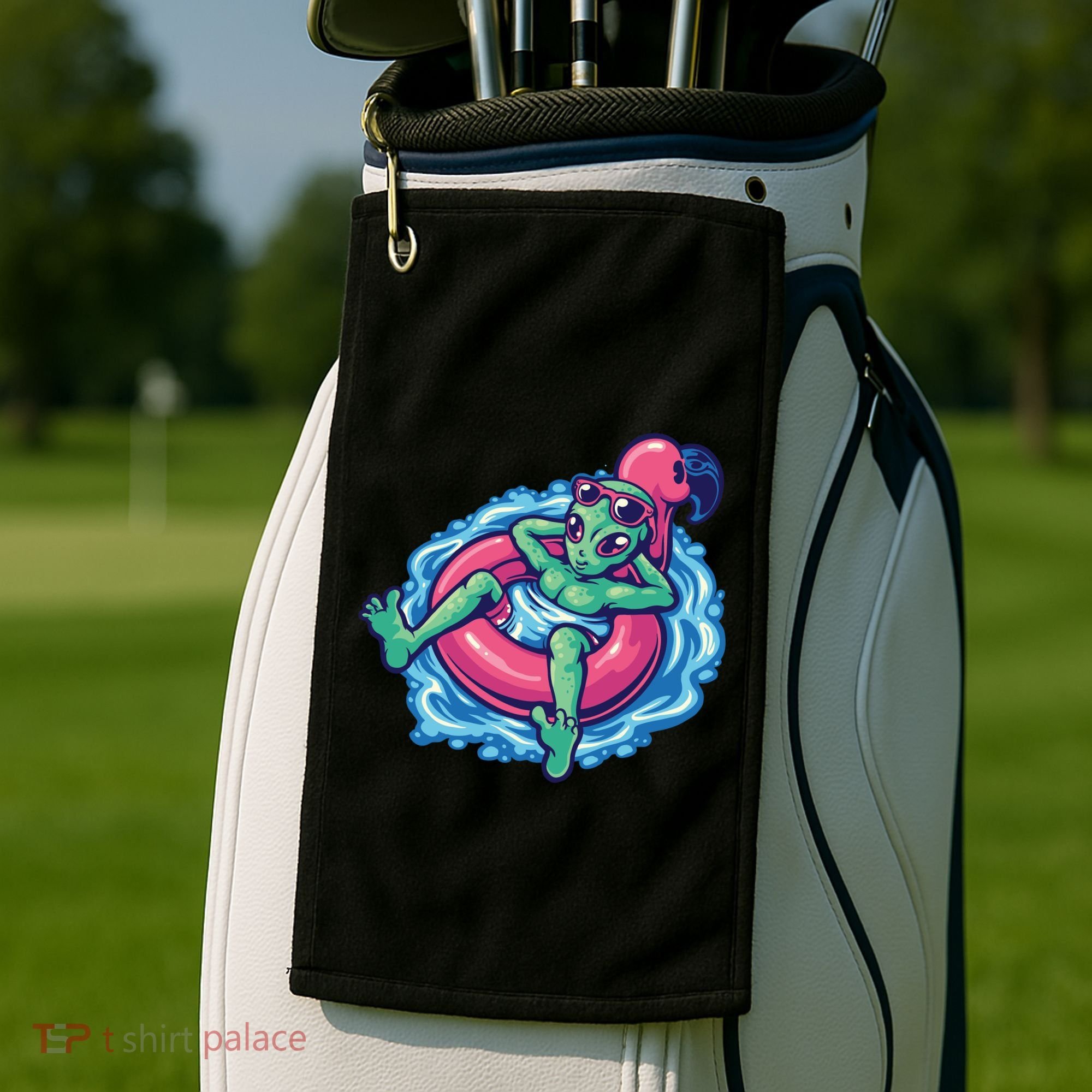 Alien On Flamingo Floaty Funny Golf Towel