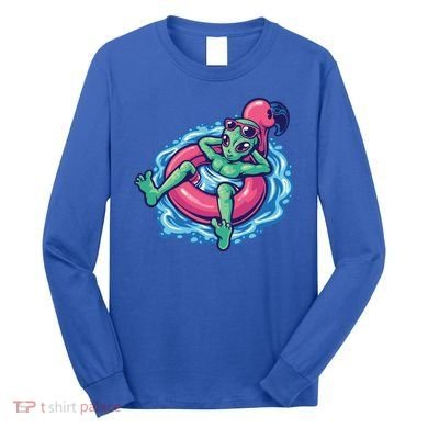 Alien On Flamingo Floaty Funny Long Sleeve Shirt
