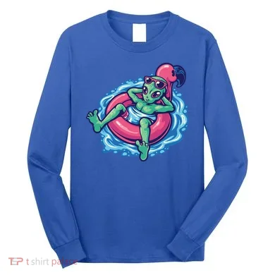 Alien On Flamingo Floaty Funny Long Sleeve Shirt