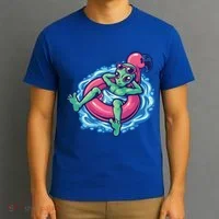 Alien On Flamingo Floaty Funny T-Shirt thumb 3