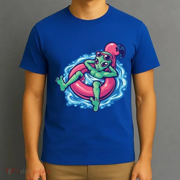 Alien On Flamingo Floaty Funny T-Shirt