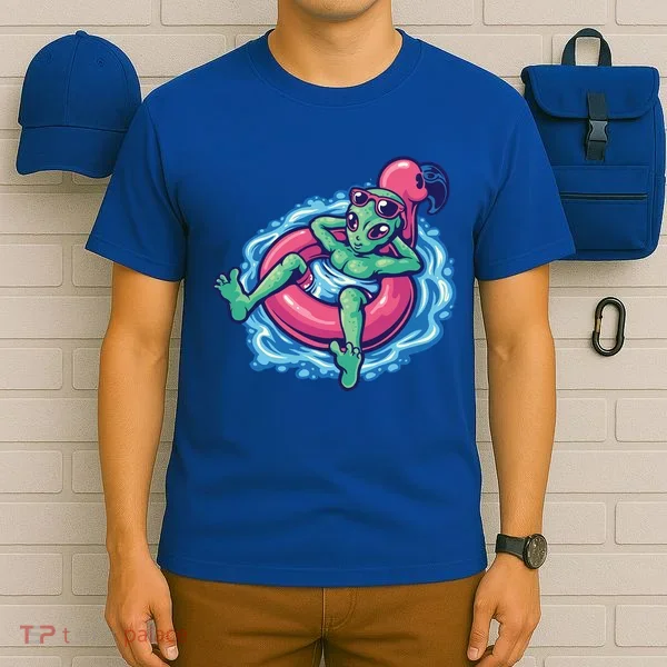 Alien On Flamingo Floaty Funny T-Shirt