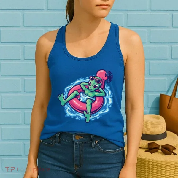 Alien On Flamingo Floaty Funny Women's Tank Top