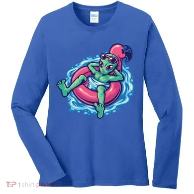 Alien On Flamingo Floaty Funny Women's Long Sleeve Shirt