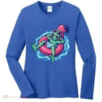 Alien On Flamingo Floaty Funny Women's Long Sleeve Shirt thumb 0