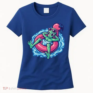 Alien On Flamingo Floaty Funny Women's T-Shirt
