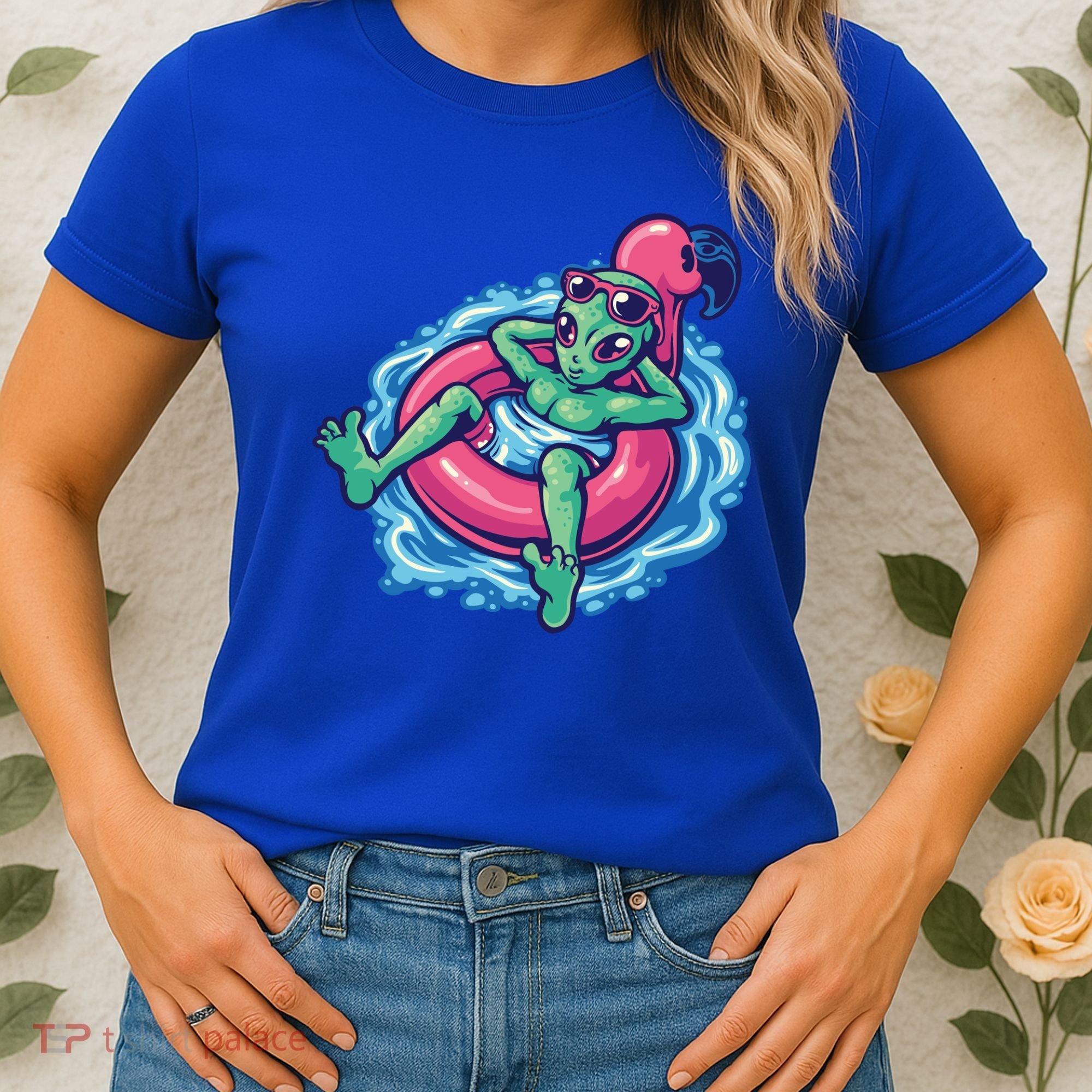 Alien On Flamingo Floaty Funny Women's T-Shirt
