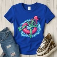 Alien On Flamingo Floaty Funny Women's T-Shirt thumb 3