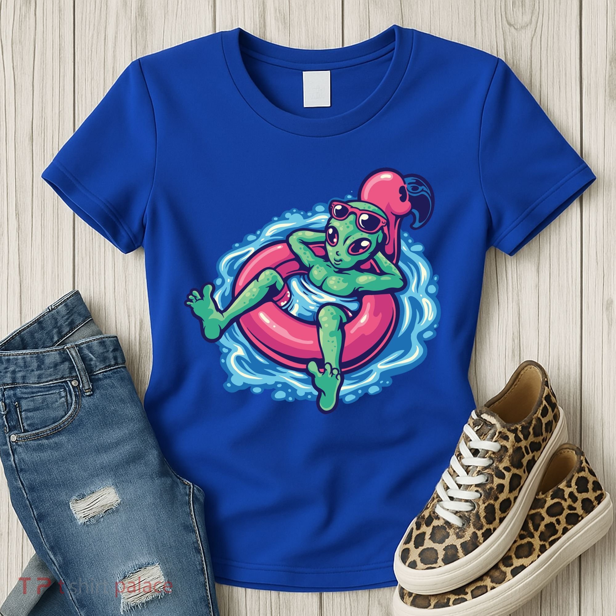 Alien On Flamingo Floaty Funny Women's T-Shirt