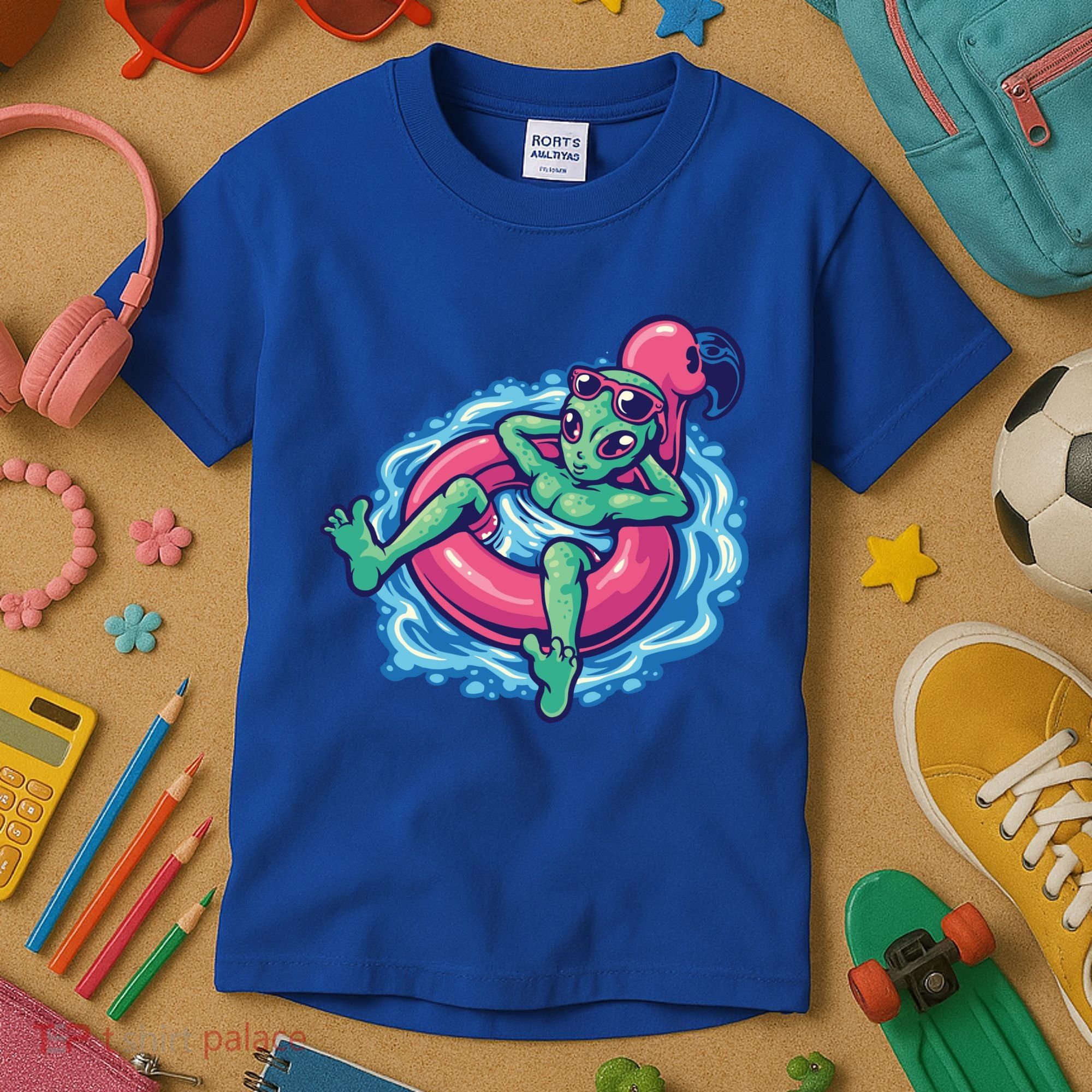Alien On Flamingo Floaty Funny Kids T-Shirt