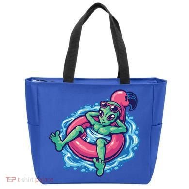Alien On Flamingo Floaty Funny Tote Bag