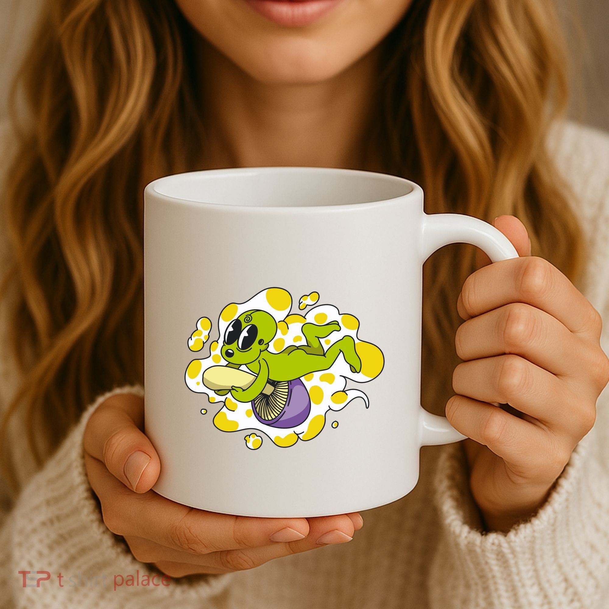 Alien Riding Mushroom Coffee Mug