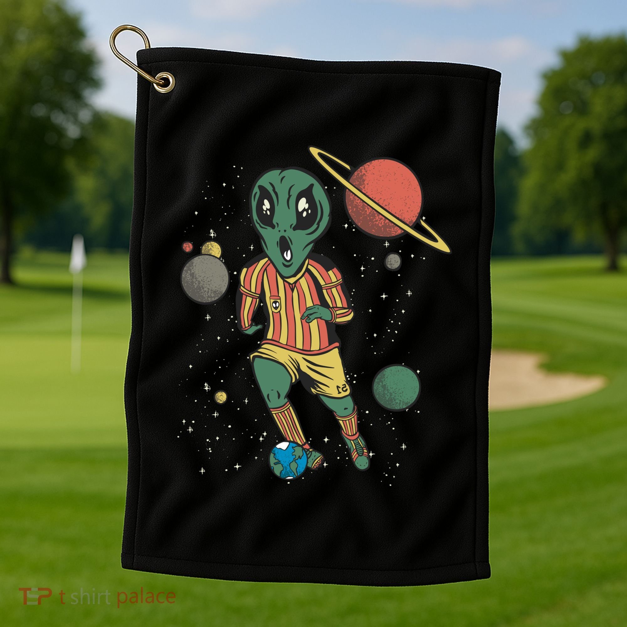 Alien Space Soccer Player Golf Towel