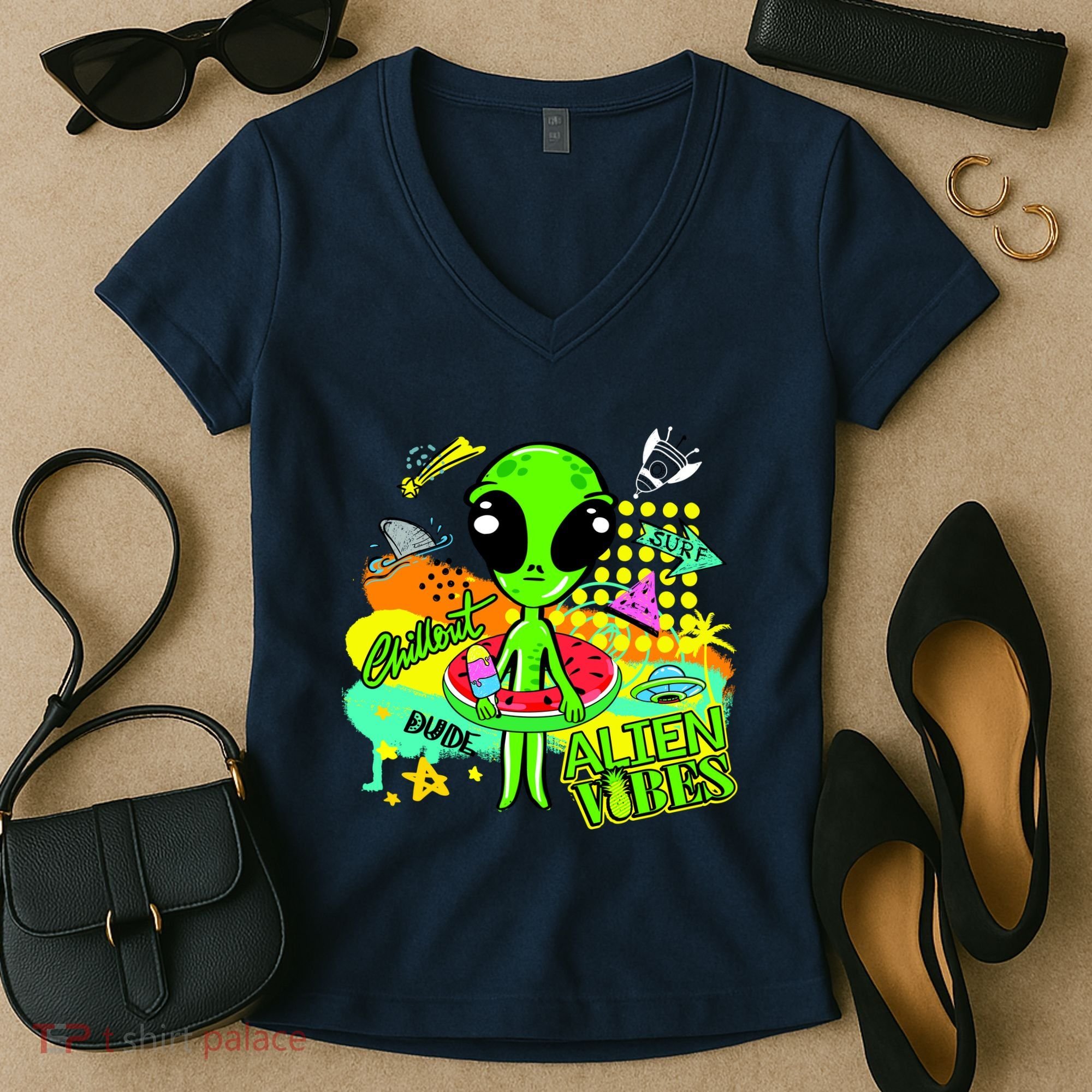 Alien Vibes Summertime Women's V-Neck T-Shirt