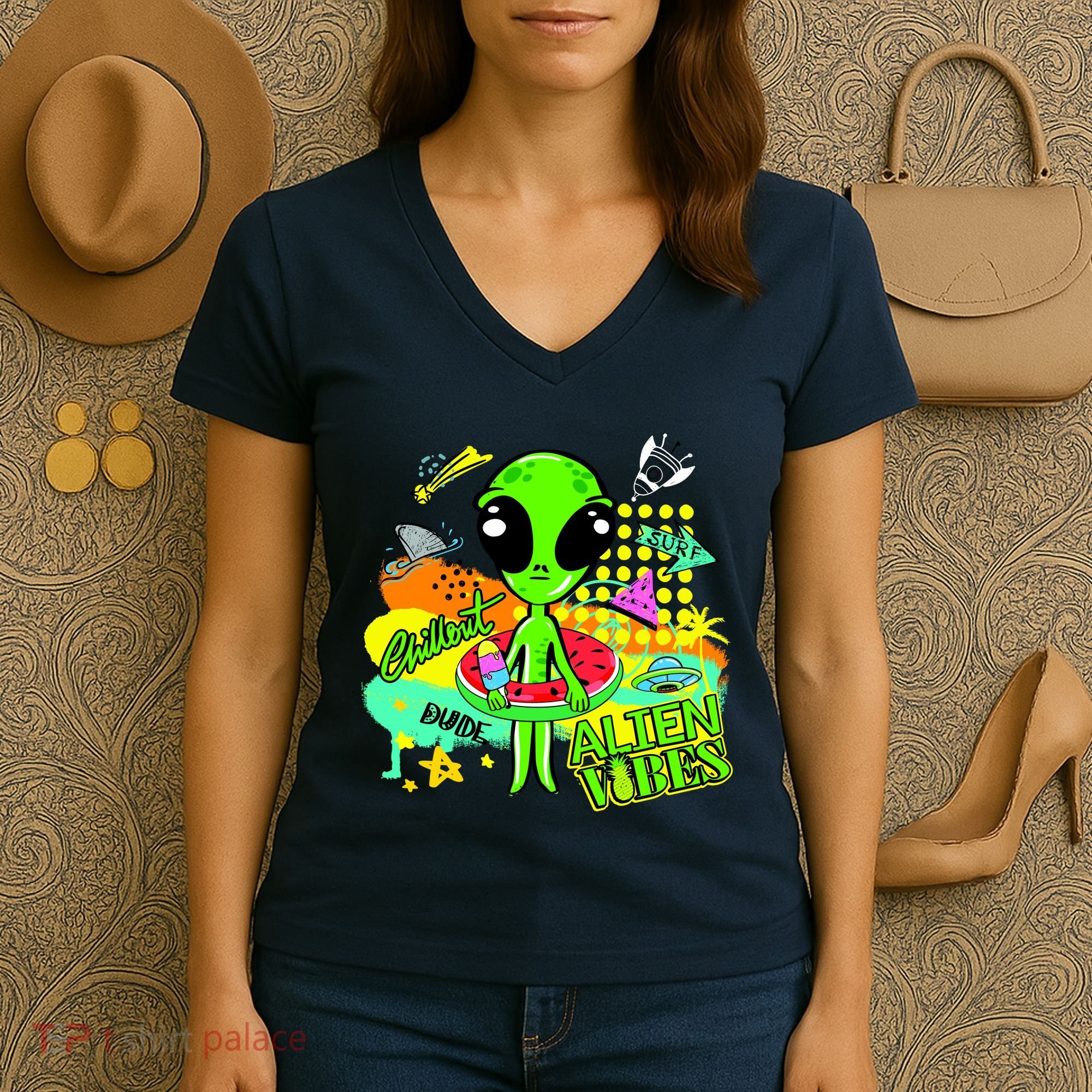 Alien Vibes Summertime Women's V-Neck T-Shirt