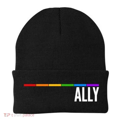 Ally LGBT Support Rainbow Thin Line Beanie