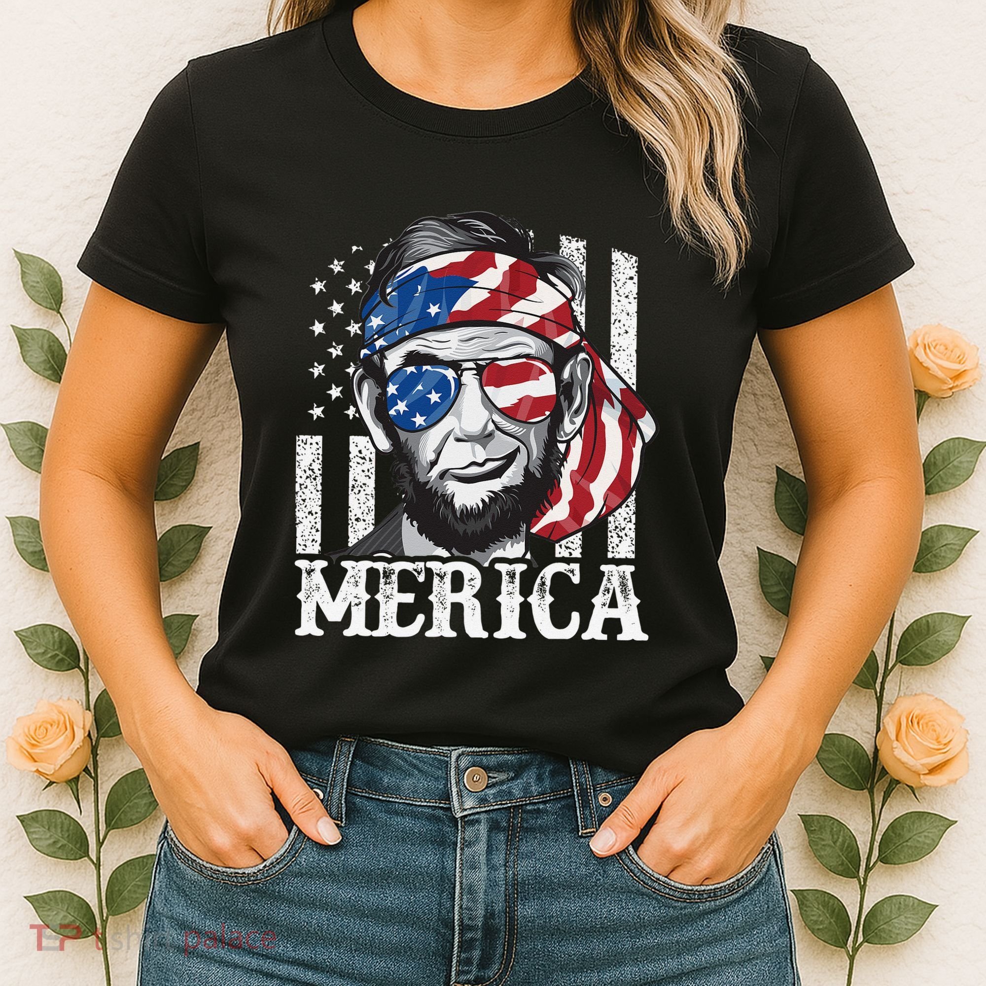 Abraham Lincoln Merica 4th Of July American Flag Women's T-Shirt