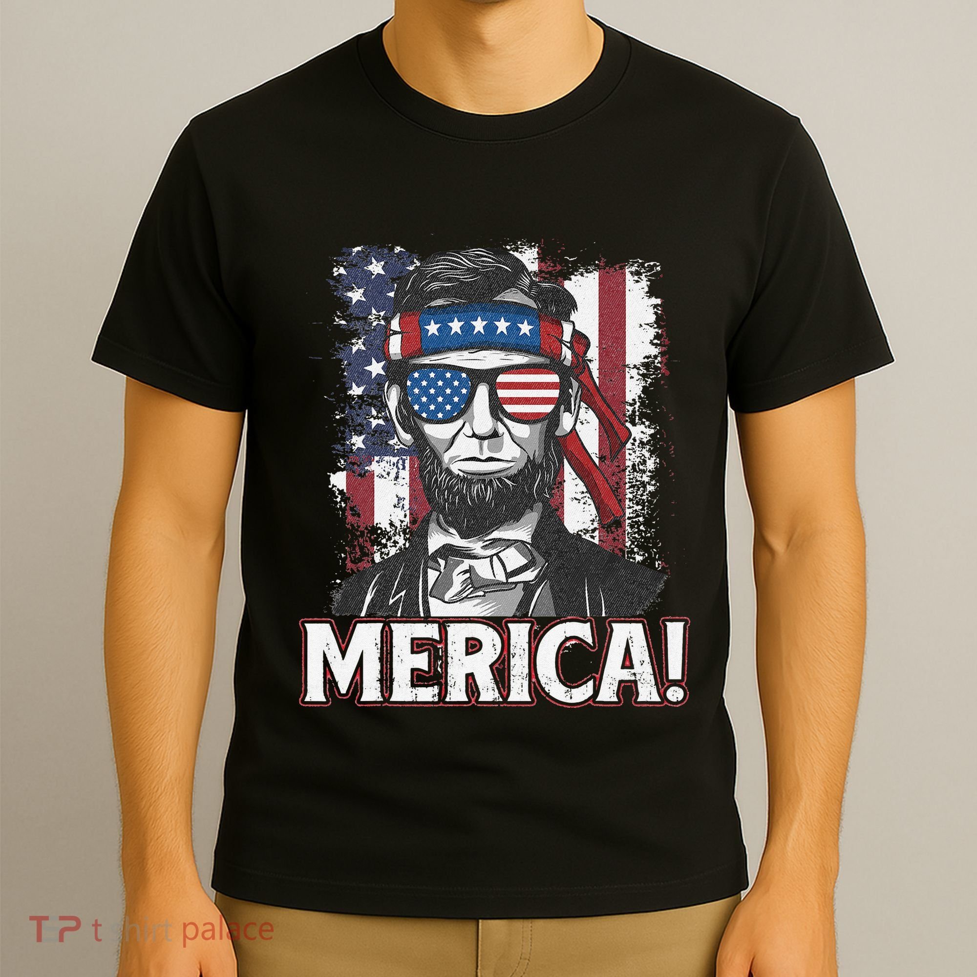 Abraham Lincoln Merica USA American Flag 4th of July T-Shirt