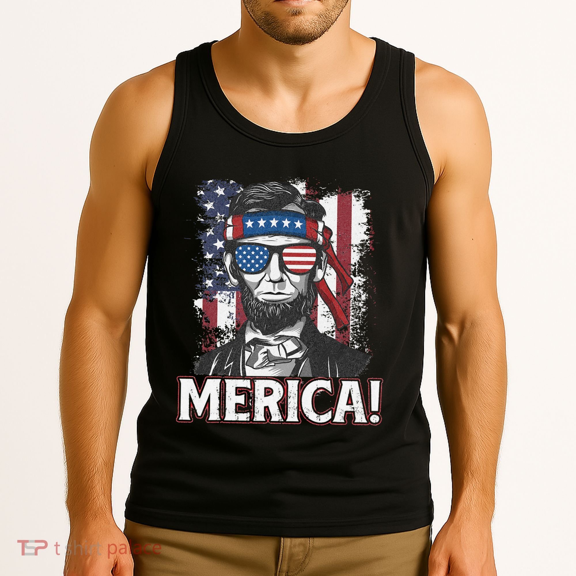 Abraham Lincoln Merica USA American Flag 4th of July Tank Top
