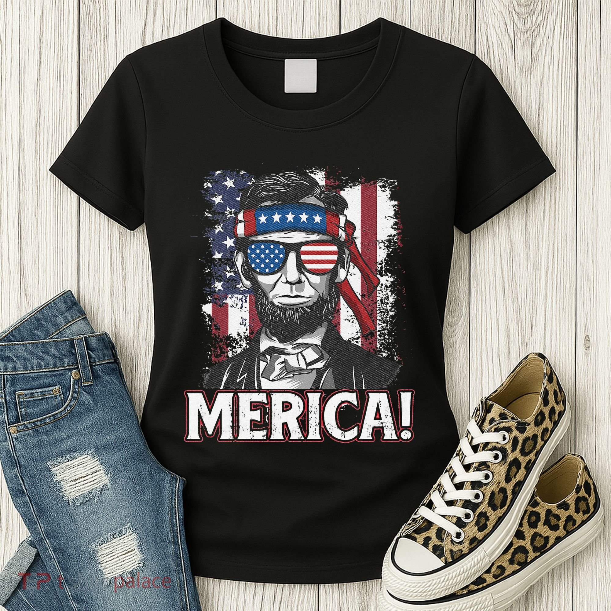 Abraham Lincoln Merica USA American Flag 4th of July Women's T-Shirt
