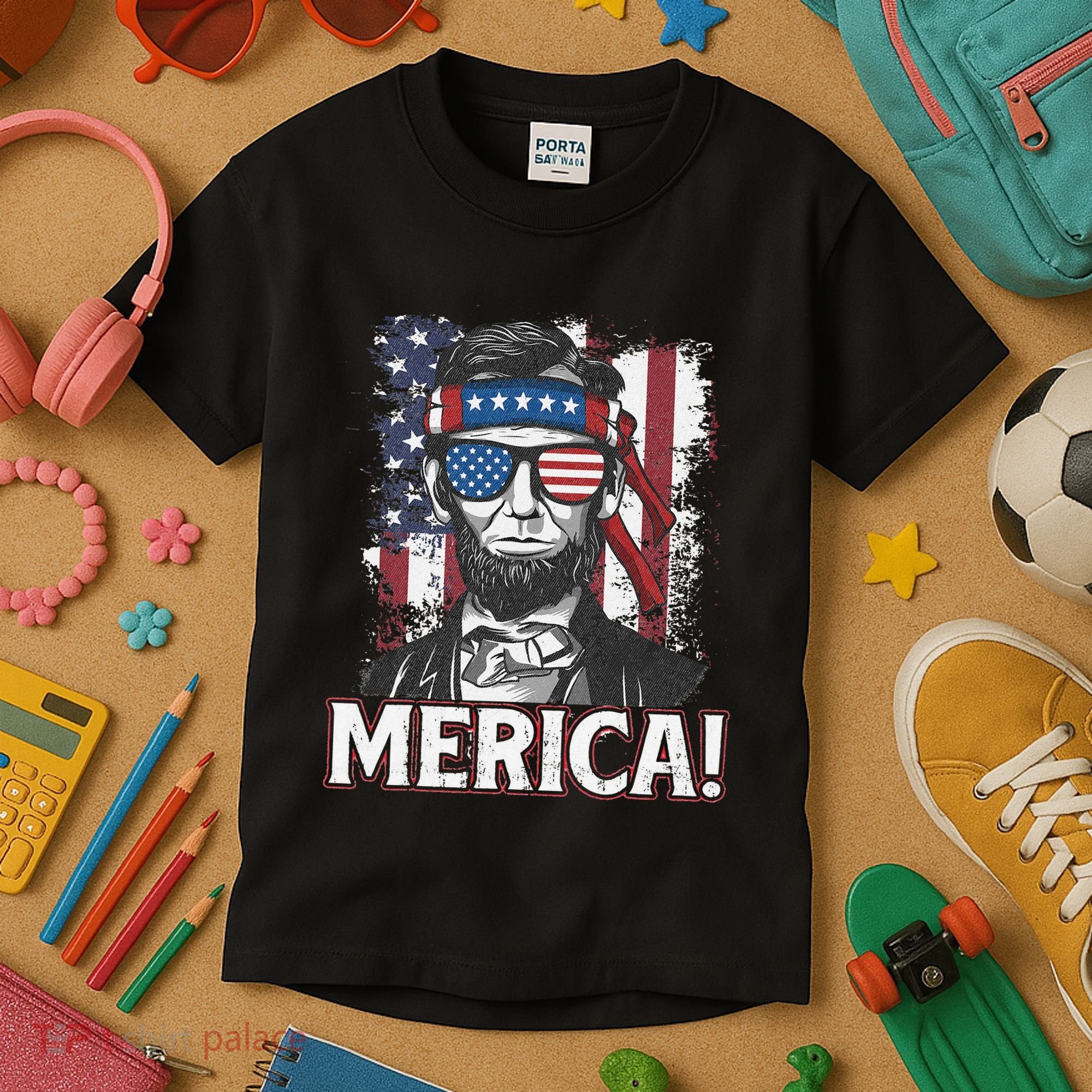Abraham Lincoln Merica USA American Flag 4th of July Kids T-Shirt