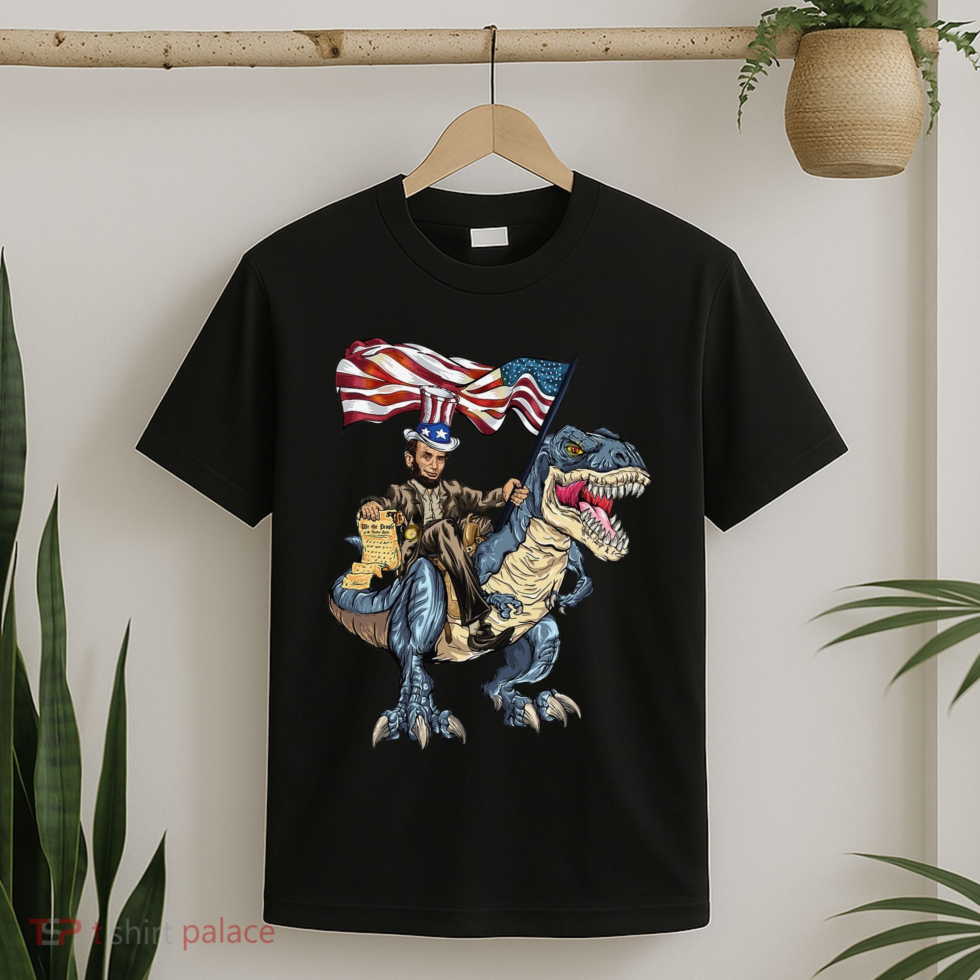 Abe Lincoln Murica T- Rex Funny 4th Of July USA Flag T-Shirt
