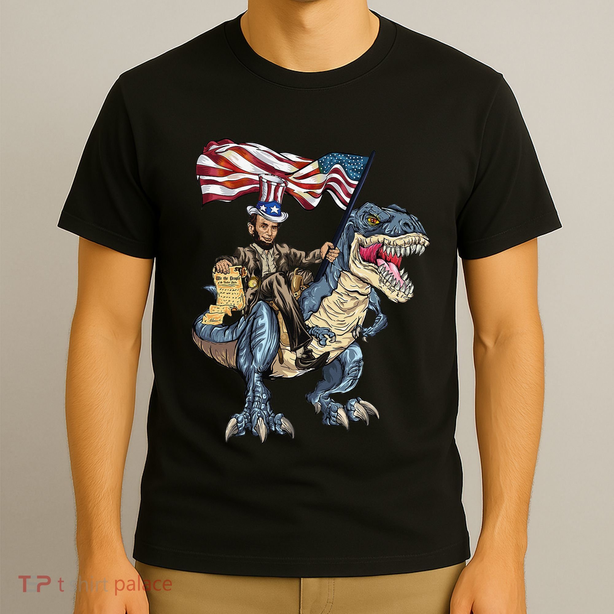Abe Lincoln Murica T- Rex Funny 4th Of July USA Flag T-Shirt