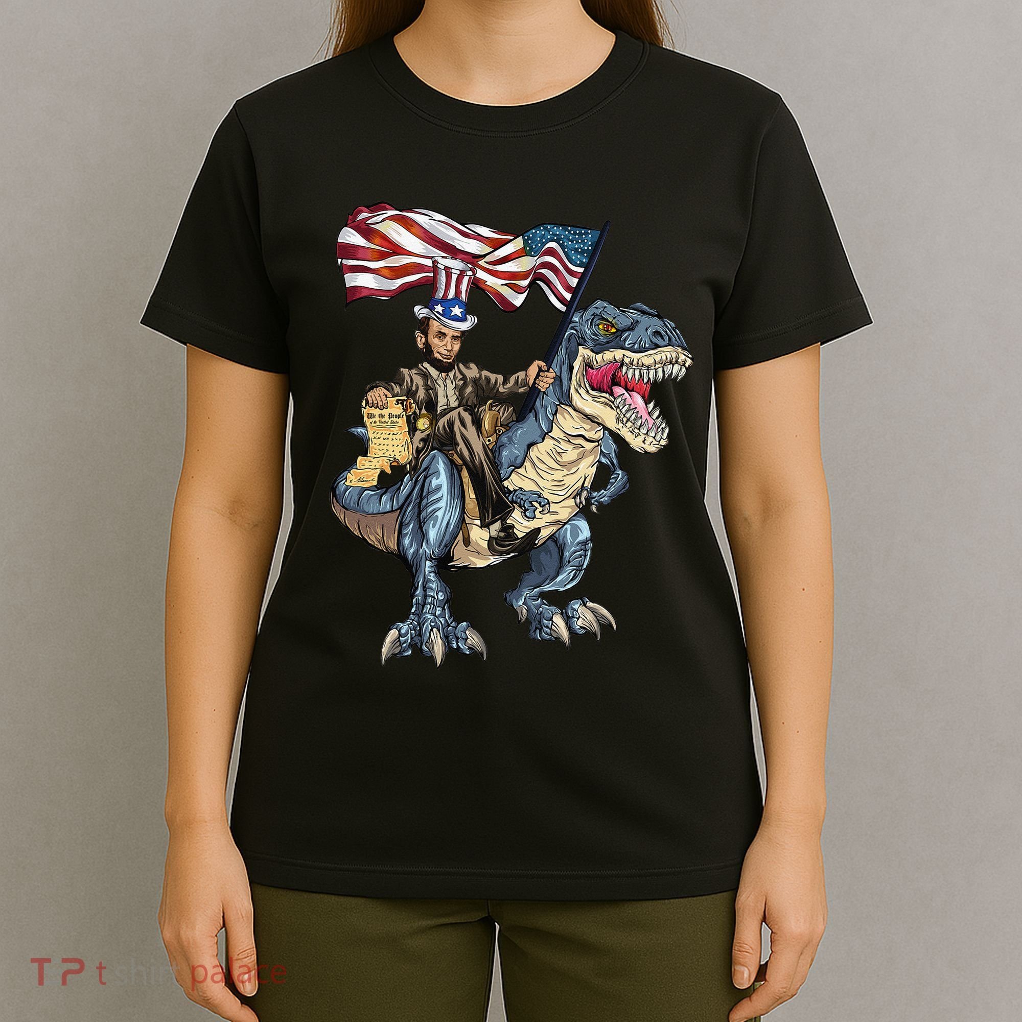 Abe Lincoln Murica T- Rex Funny 4th Of July USA Flag T-Shirt