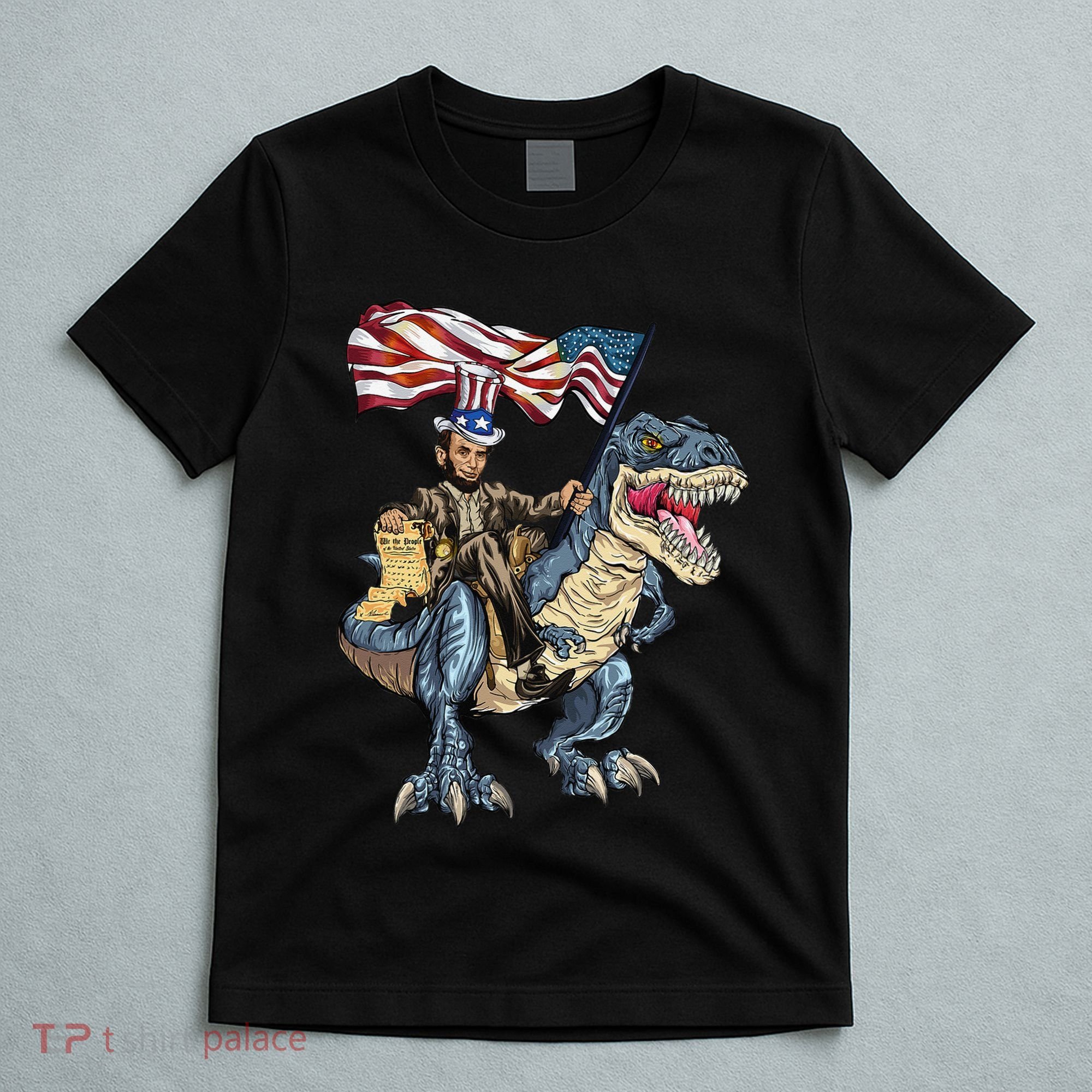 Abe Lincoln Murica T- Rex Funny 4th Of July USA Flag T-Shirt