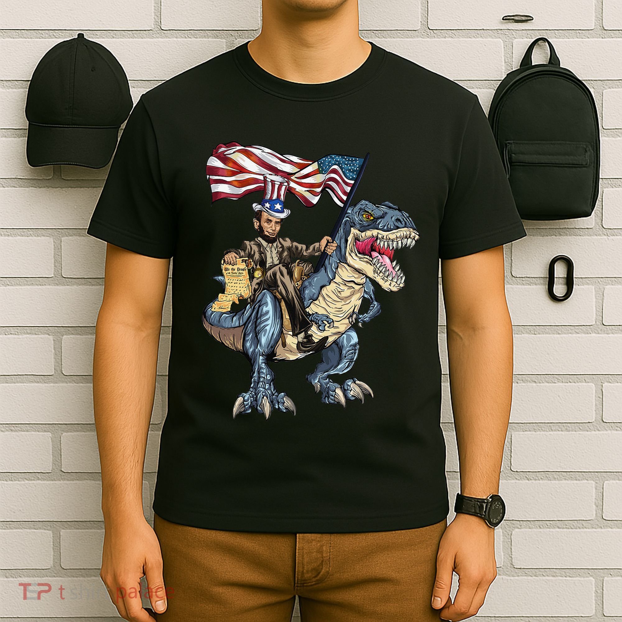 Abe Lincoln Murica T- Rex Funny 4th Of July USA Flag T-Shirt