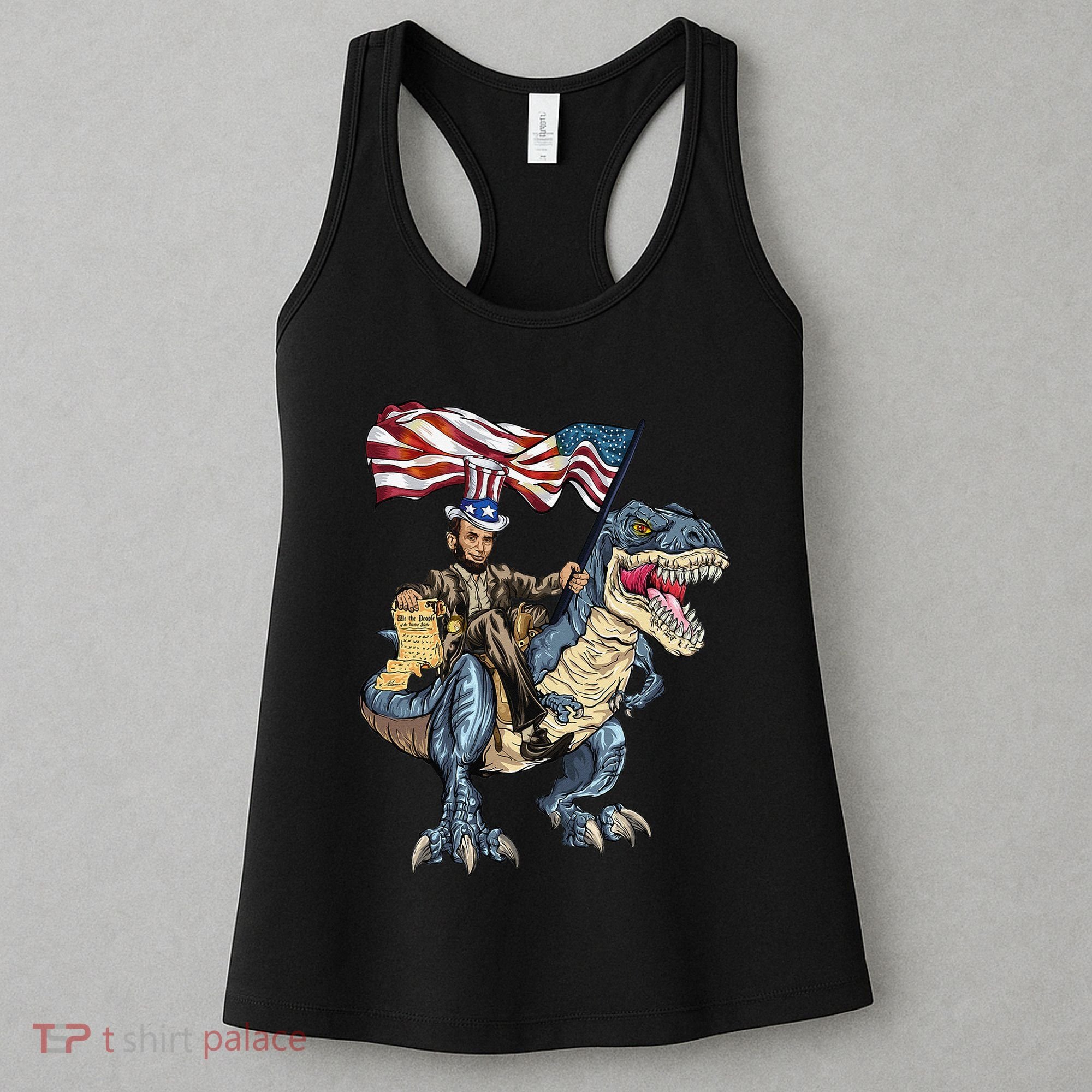Abe Lincoln Murica T- Rex Funny 4th Of July USA Flag Women's Tank Top