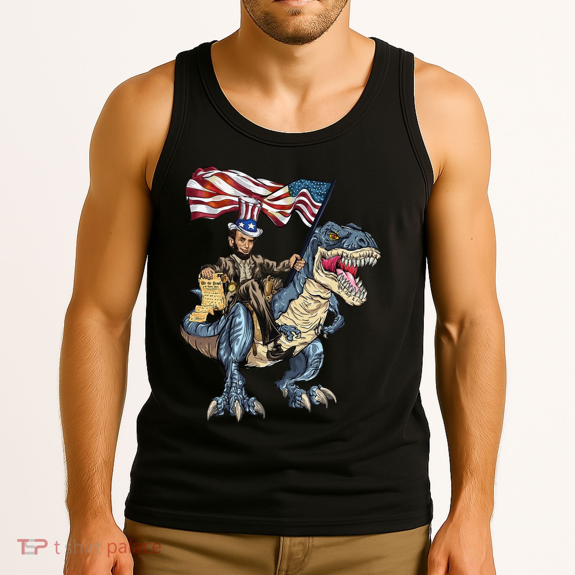 Abe Lincoln Murica T- Rex Funny 4th Of July USA Flag Tank Top