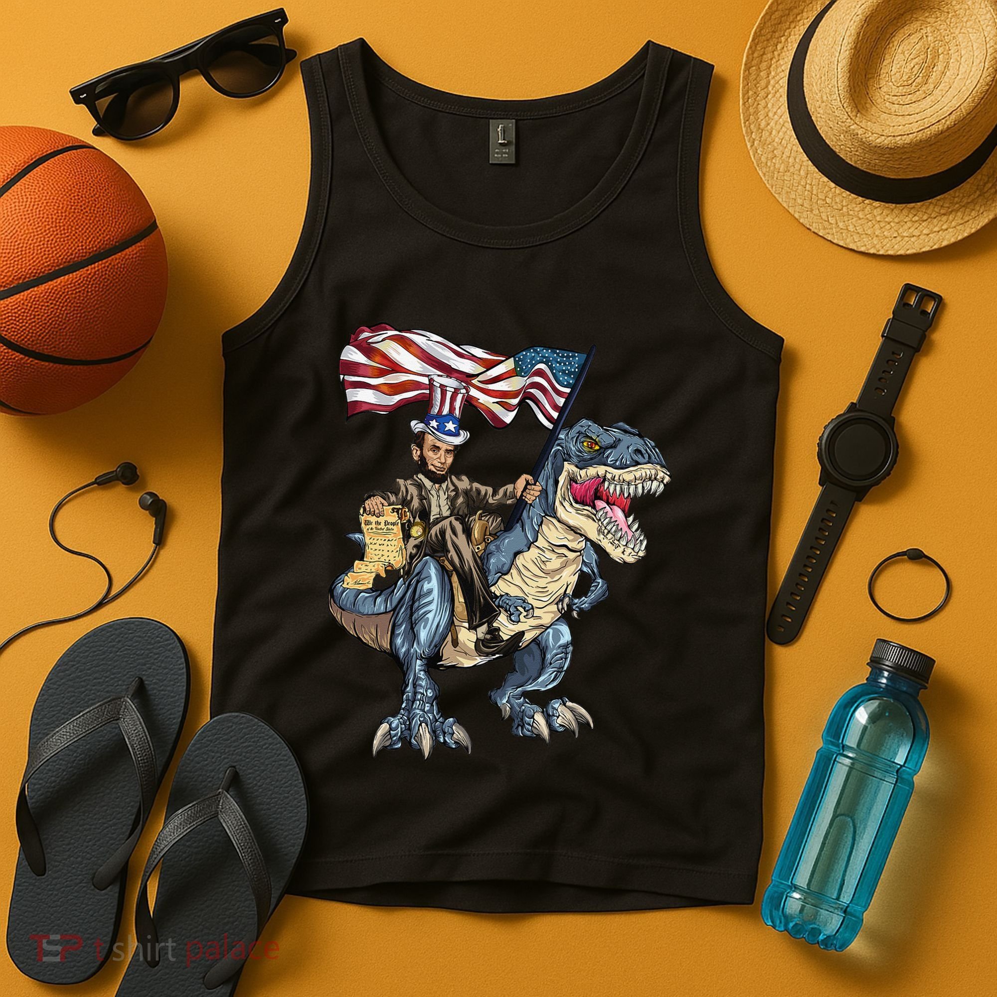 Abe Lincoln Murica T- Rex Funny 4th Of July USA Flag Tank Top