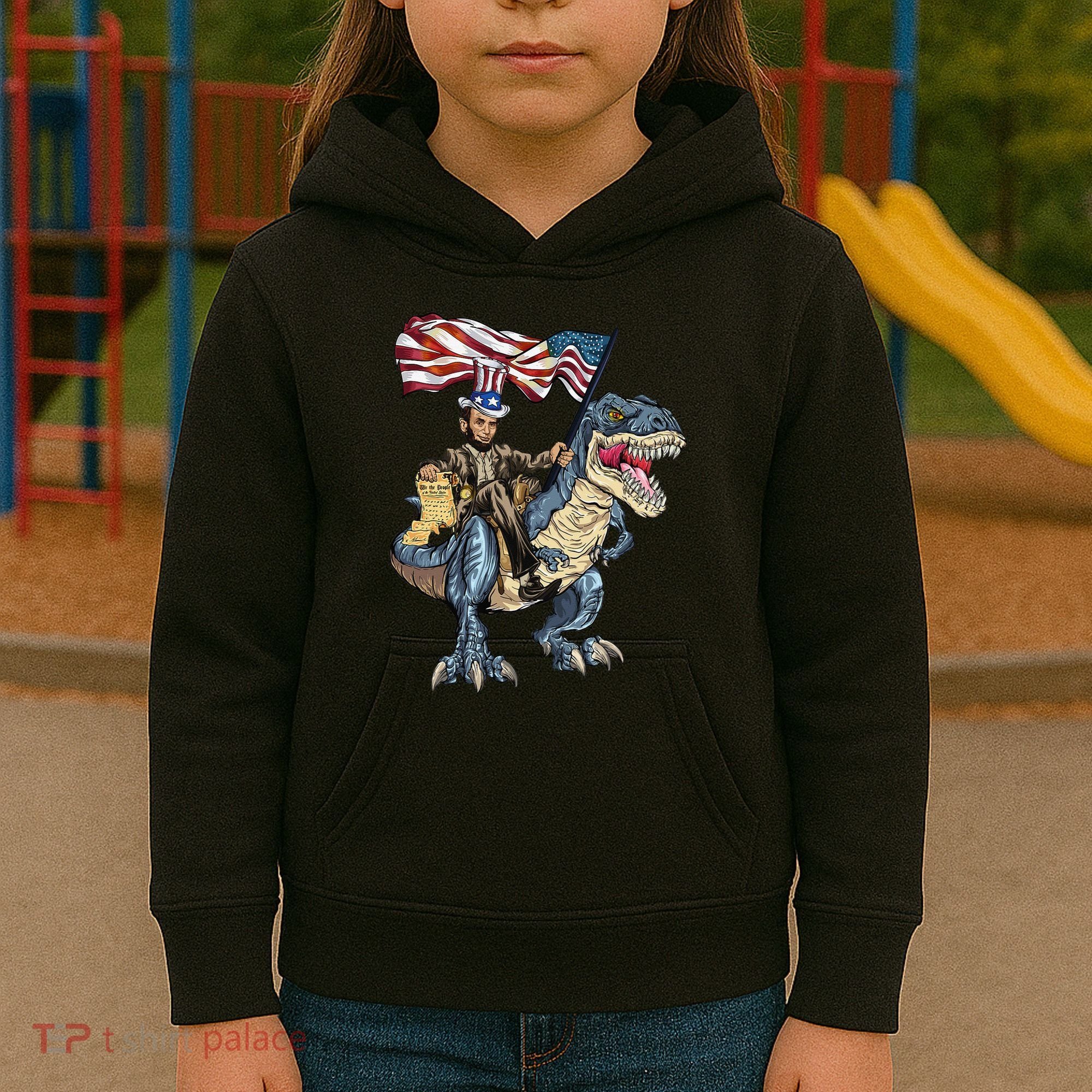 Abe Lincoln Murica T- Rex Funny 4th Of July USA Flag Kids Hoodie
