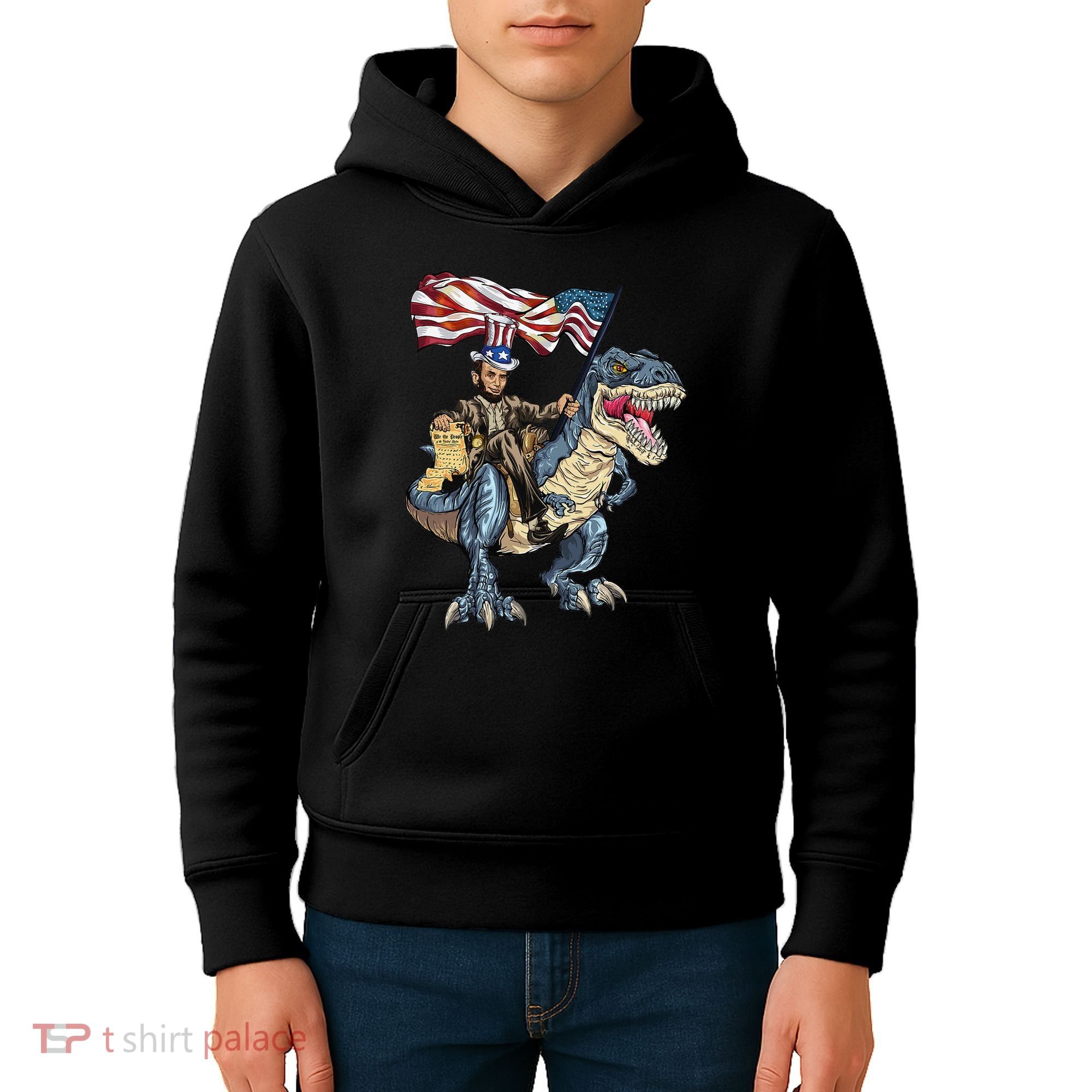 Abe Lincoln Murica T- Rex Funny 4th Of July USA Flag Kids Hoodie