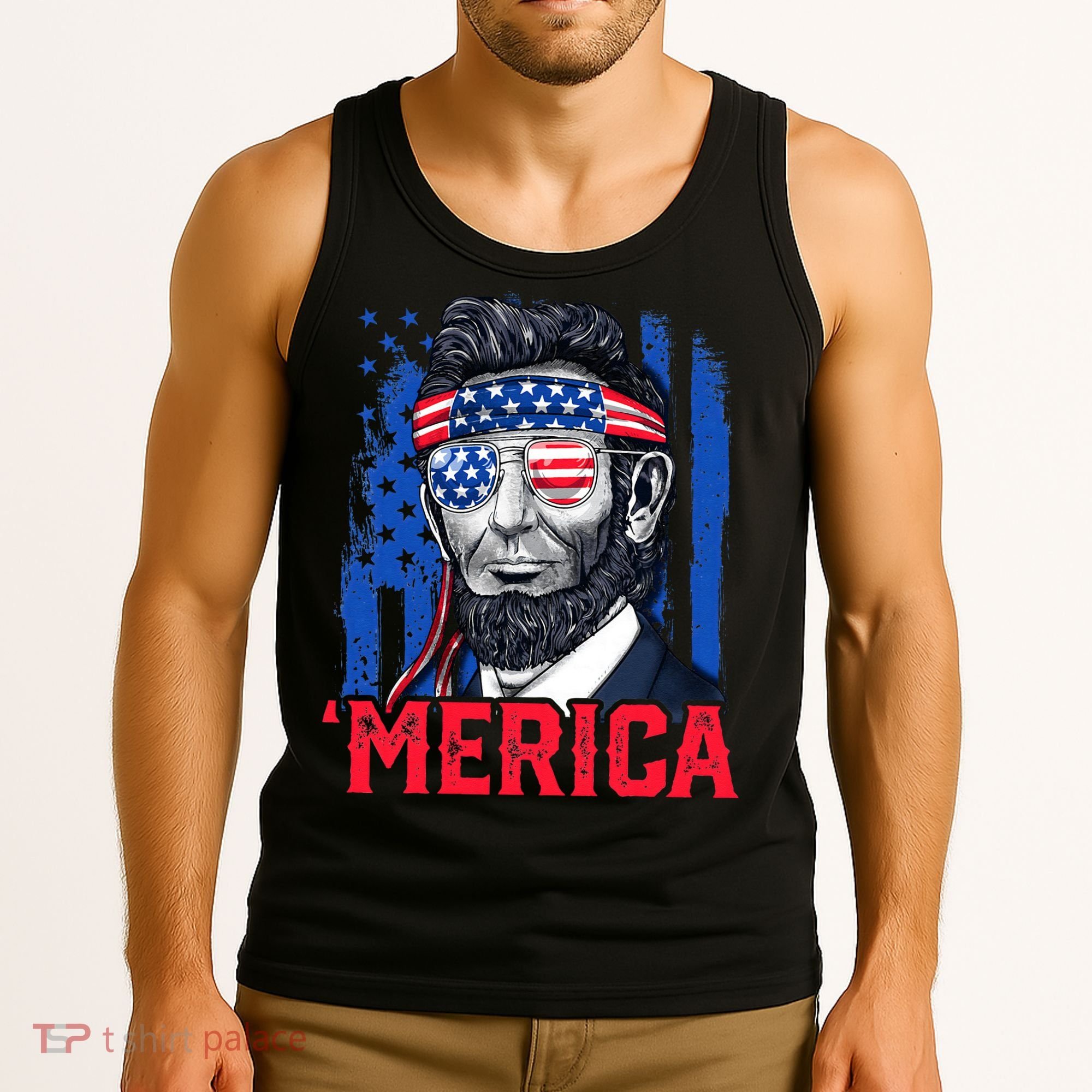 Abraham Lincoln Merica 4th Of July American Flag Tank Top