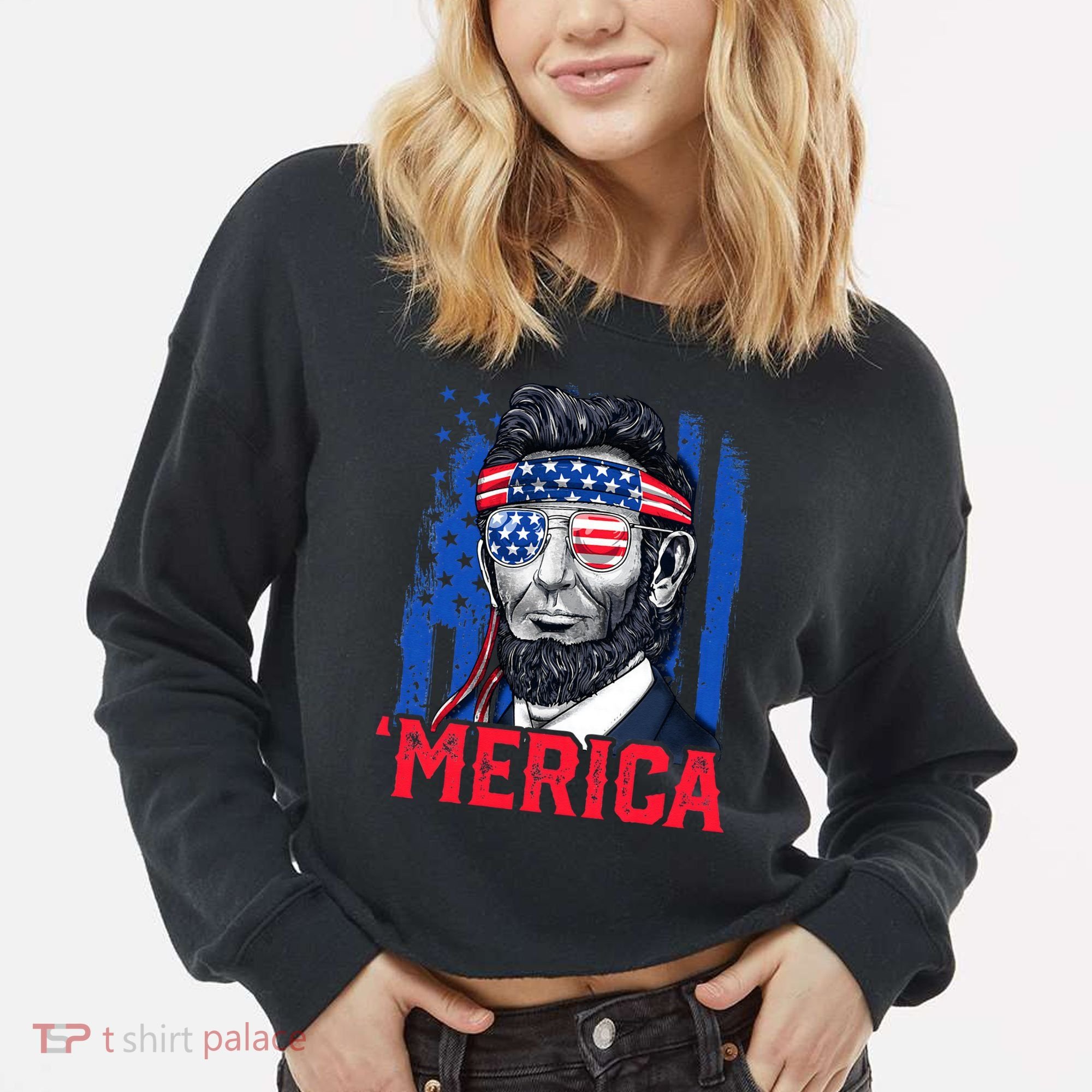 Abraham Lincoln Merica 4th Of July American Flag Cropped Pullover Crew