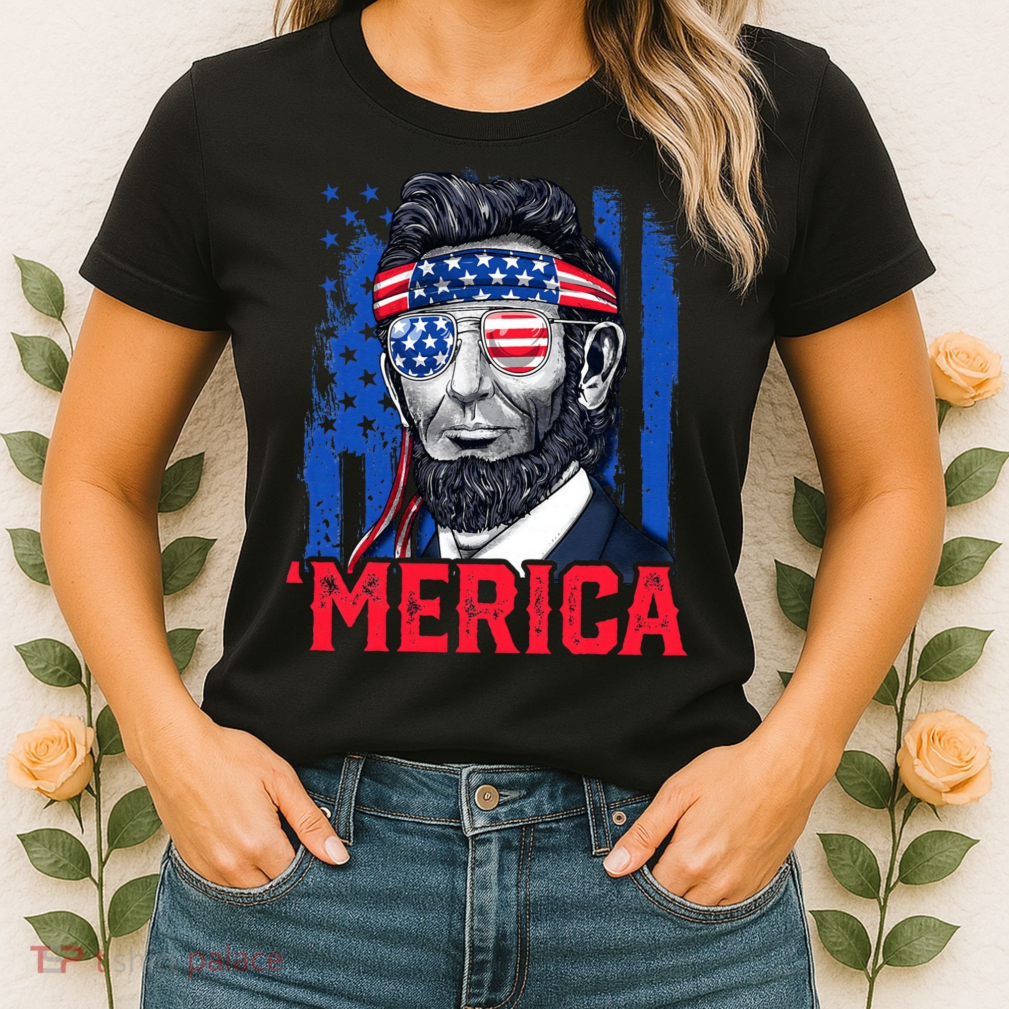 Abraham Lincoln Merica 4th Of July American Flag Women's T-Shirt