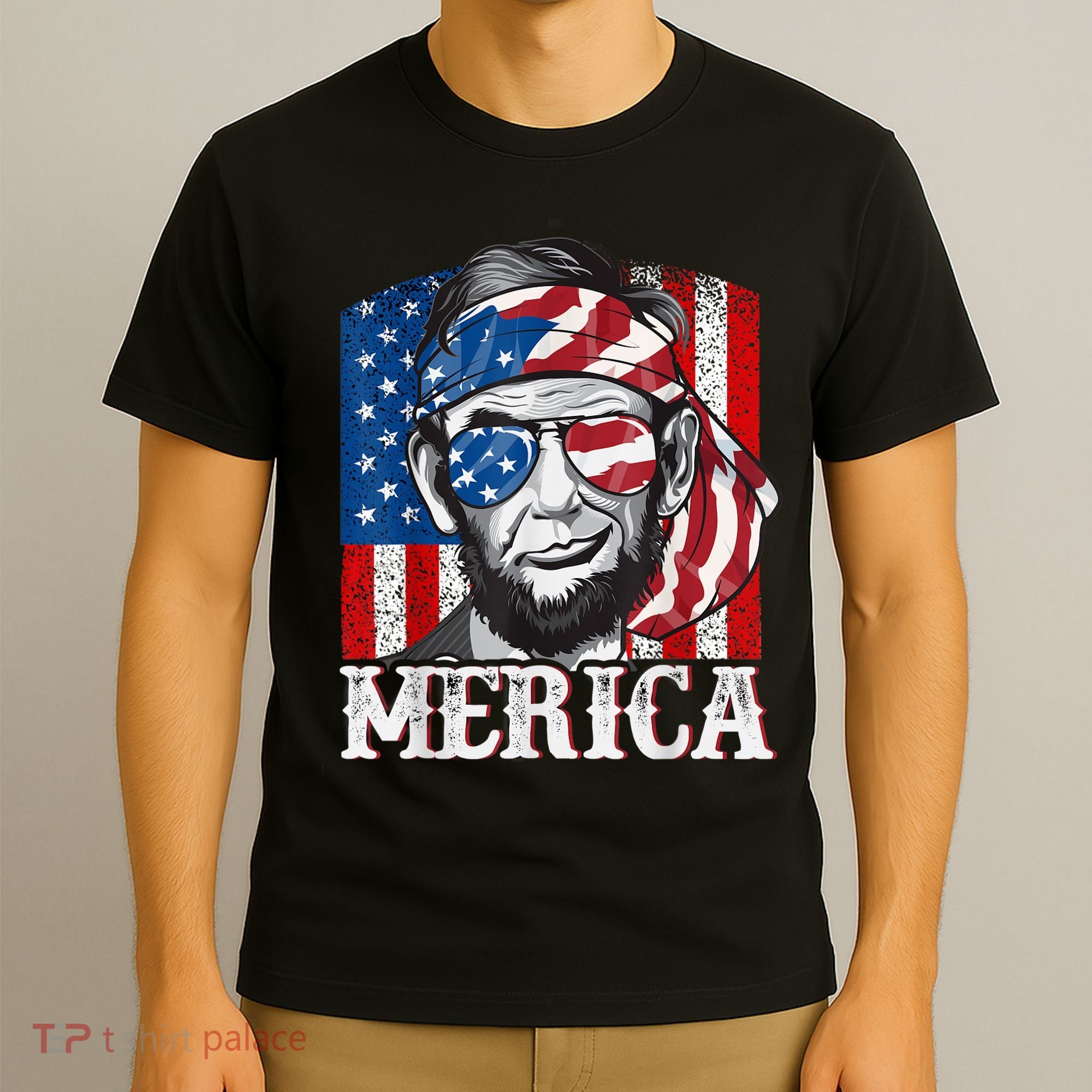Abraham Lincoln Merica 4th Of July Shirt Men American Flag T-Shirt