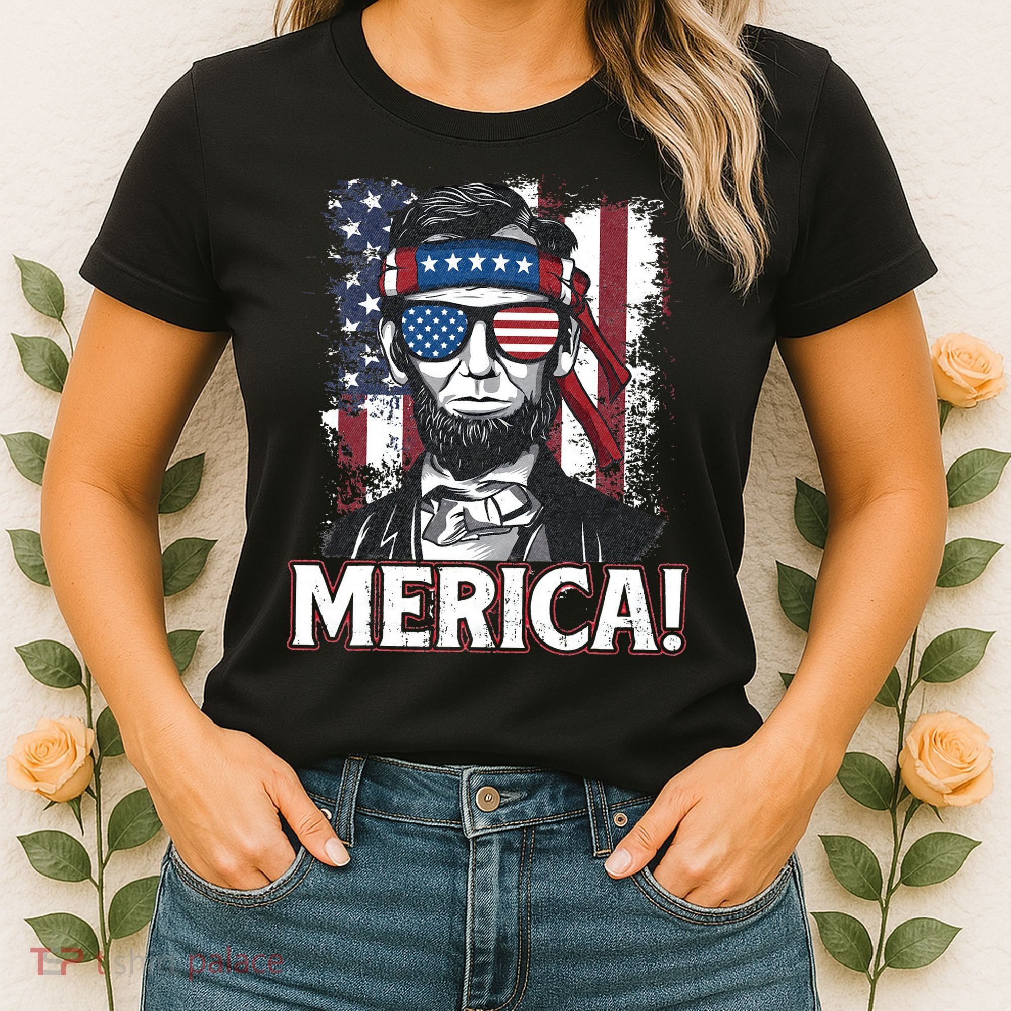 Abraham Lincoln Merica USA American Flag 4th of July Women's T-Shirt