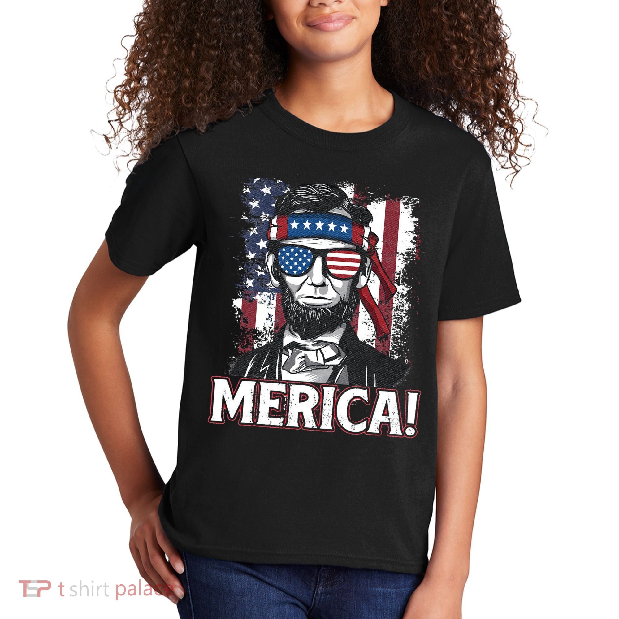 Abraham Lincoln Merica USA American Flag 4th of July Kids T-Shirt