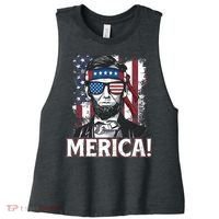 Abraham Lincoln Merica USA American Flag 4th of July Women's Racerback Cropped Tank thumb 0