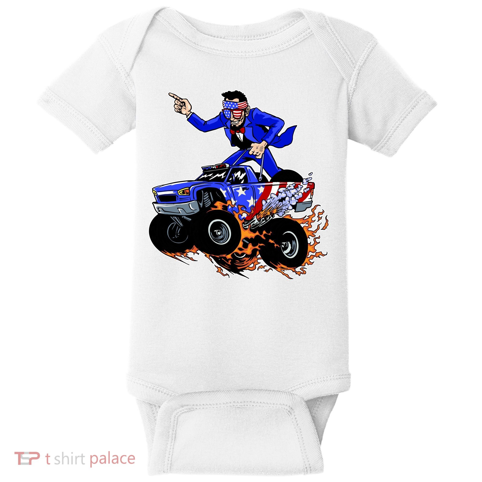 Abraham Liconln On A Monster Truck Baby Bodysuit