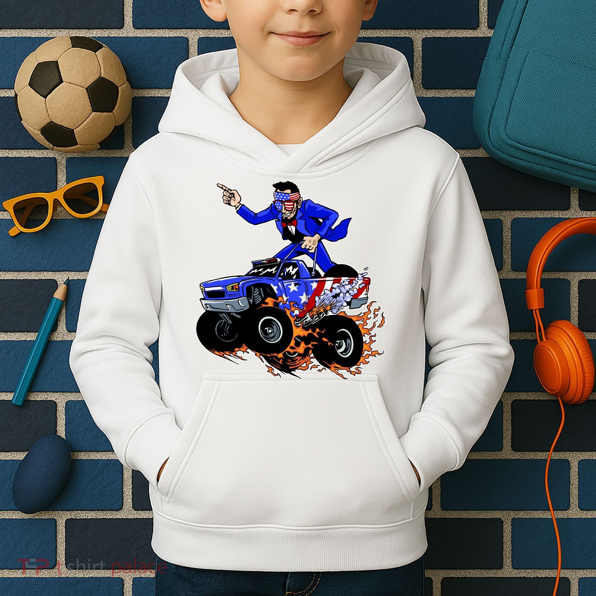 Abraham Liconln On A Monster Truck Kids Hoodie