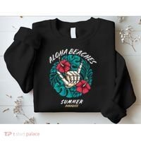 Aloha Beaches Skeleton Hand Rock On Flowers Sweatshirt thumb 2